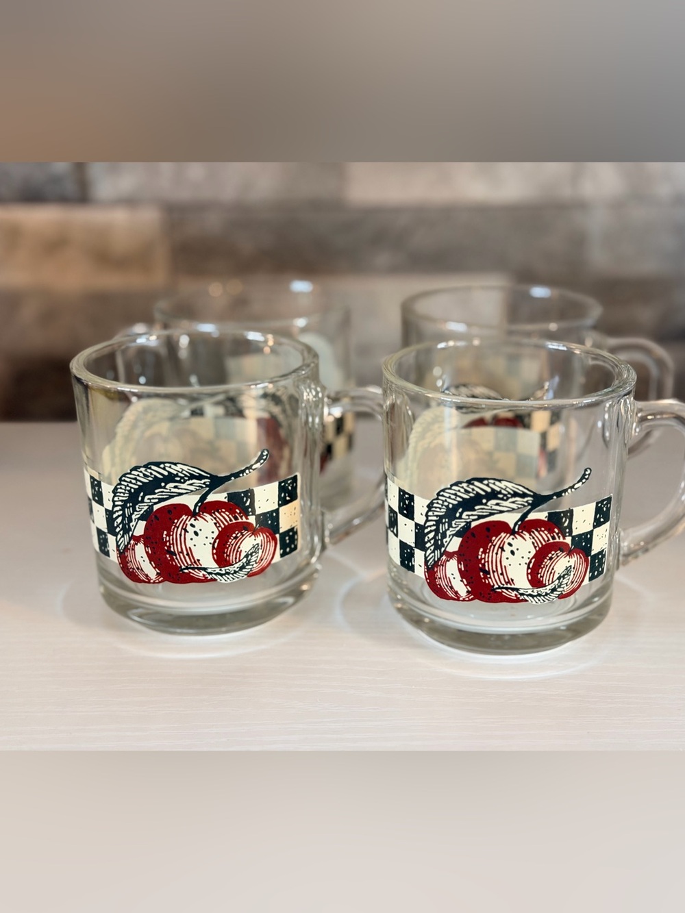 4 Vintage Anchor Hocking Apple Checker Glass Mugs Harvest Fruit MCM USA Rare Set